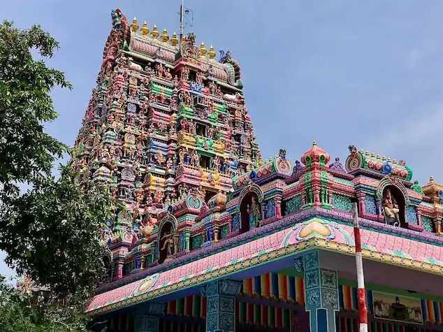 Front view of Karpaga Vinayagar Temple gopuram at Pillayarpatti near Karaikudi